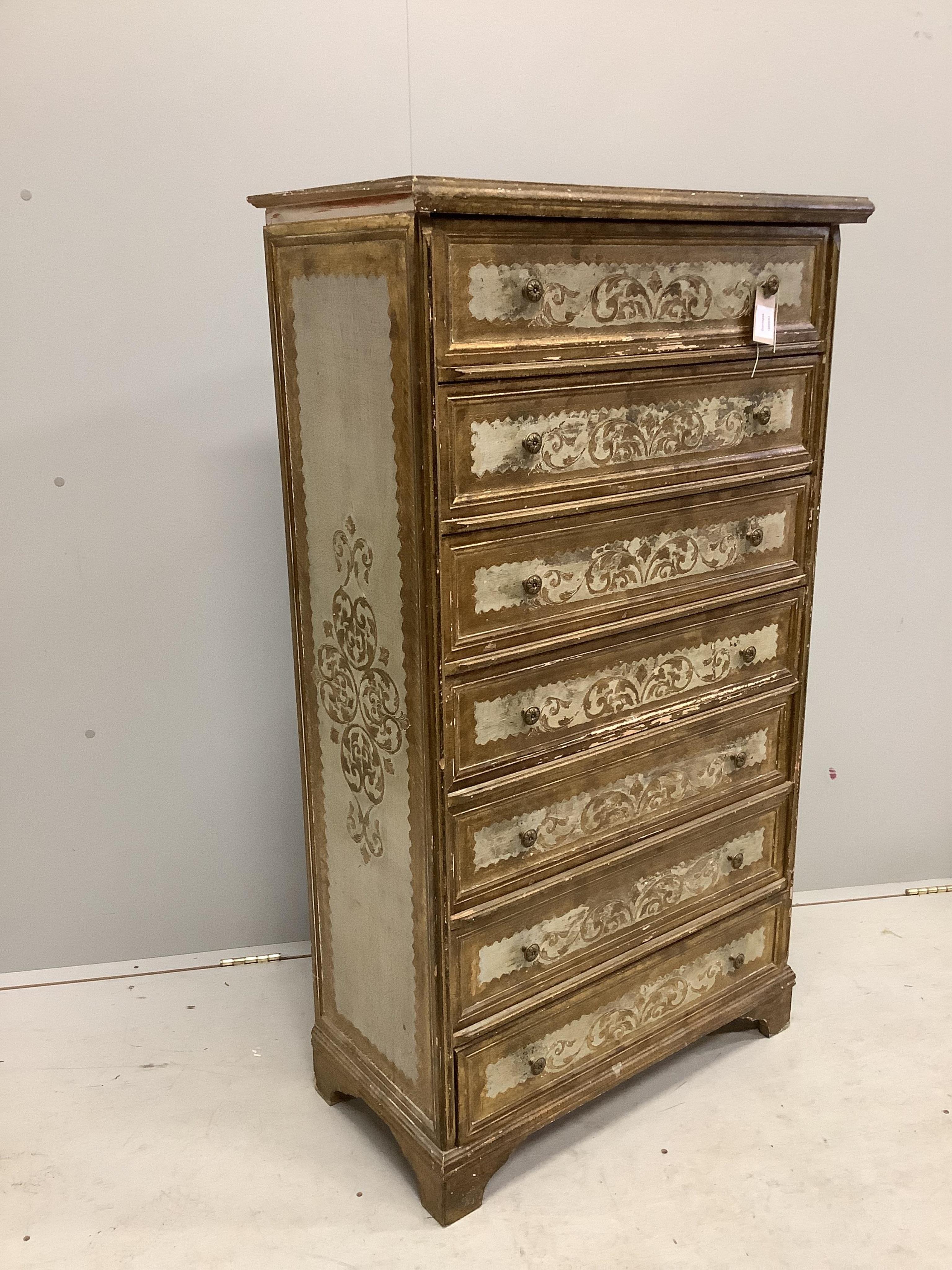 A Venetian style cream and gilt painted tall chest of seven drawers, width 74cm, depth 37cm, height 130cm. Condition - fair